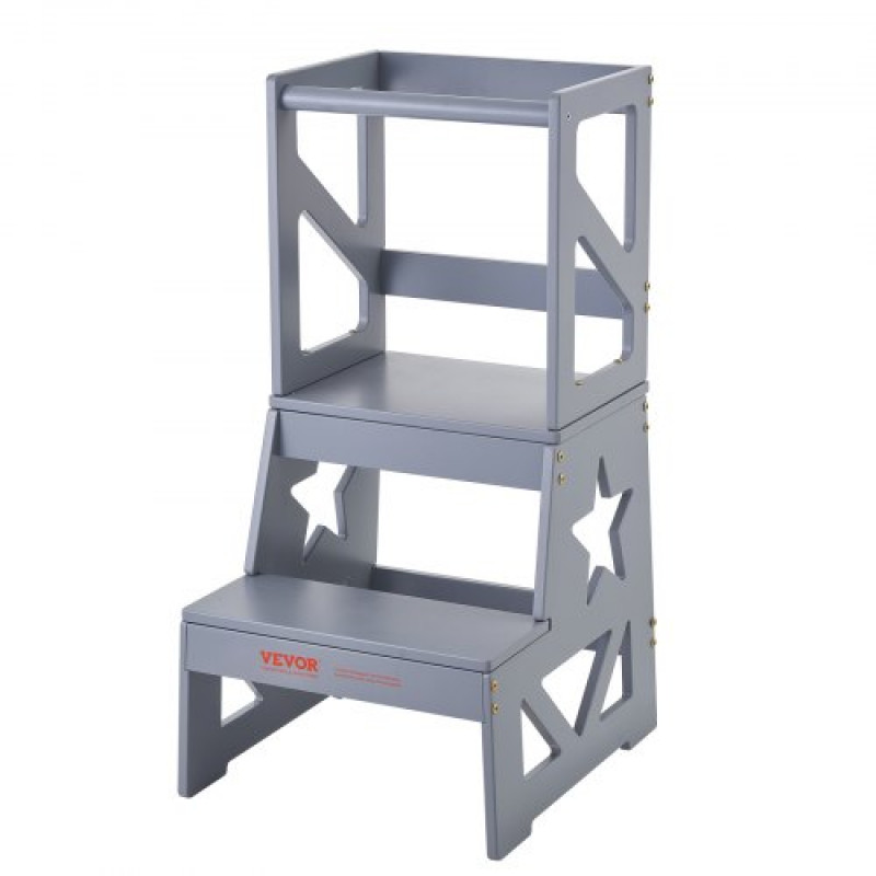 VEVOR Torre de Observación para Niños Carga 68 kg Torre de Aprendizaje Montessori de Madera de Pino Natural con Barandilla de Seguridad para Niños Pequeños, Dormitorio, Baño, Mostrador de Cocina, Gris