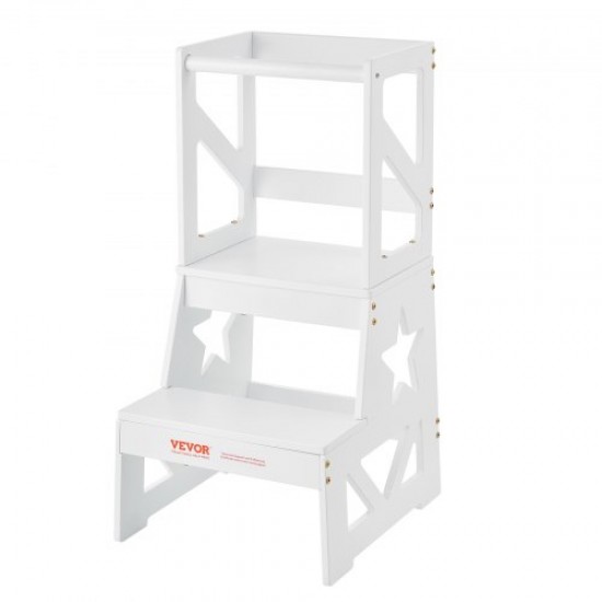 VEVOR Torre de Observación para Niños Carga de 68 kg Torre de Aprendizaje Montessori de Madera de Pino Natural con Barandilla de Seguridad para Niños Pequeños, Dormitorio, Baño, Mostrador, Blanco