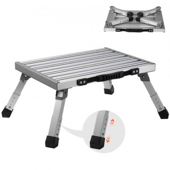 VEVOR Taburete Plegable de Aleación de Aluminio Taburete Portátil Carga de 150 kg 4 Alturas Ajustables con Amplia Superficie Antideslizante, Pies de Goma, Tiras Reflectantes, Mango para Autocaravana