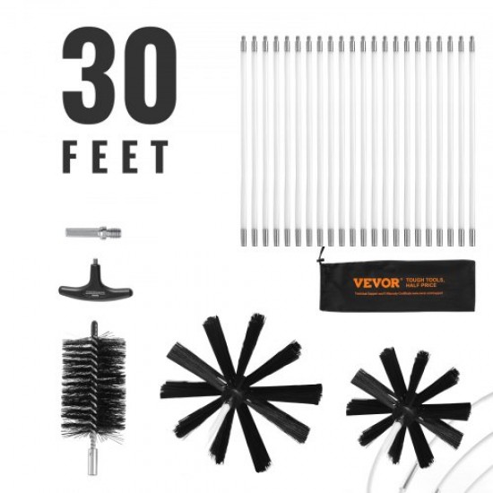 Comprar Kit de limpeza de chaminés Fogão 9,1 m Escova de limpeza de ventilação 22 PCS Haste de nylon para limpeza de tubos com 3 cabeças de tamanhos diferentes 65 mm / 105 mm / 150 mm, preta