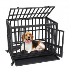 VEVOR Jaula para Perros de Alta Resistencia Jaula de Metal de 95x65x81 cm para Mascotas de Tamaño Mediano a Grande con Ruedas con Cerradura Bandeja Extraíble de 3 Puertas para Interior y Exterior