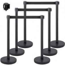 Postes Separadores 6 piezas Altura 90 cm Barreras De Seguridad Negros Poste Separador con Cinta Extensible de 2 m Negra Conexión de 4 Vías