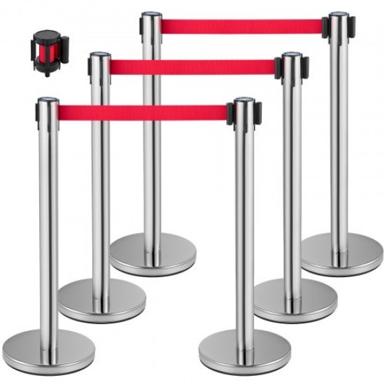 Buy Separator Posts 6 pieces Safety Barriers Height 90 cm Silver Separator Post with 2 m Red Extendable Tape 4-Way Connection