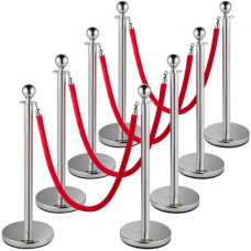 Postes Separadores Cinta Extensible 8 piezas Barreras De Seguridad Altura 90 cm Platas Postes Separadores con Cuerda de Terciopelo de 1,5 m Roja