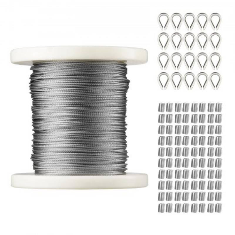 VEVOR Cable de Acero Inoxidable 100 m Diámetro de 1,59 mm Cable de Suspensión 7x7 hilos Resistencia a la Rotura 144kg 80 Manguitos 20 Terminales para Barandillas Tendedero Guirnalda de Luces Colgantes