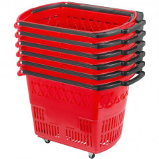 VEVOR Paquete de 6 carritos de compras, carrito de compras de plástico con ruedas, carritos de compras rojos con asas, carrito de compras portátil para tienda minorista