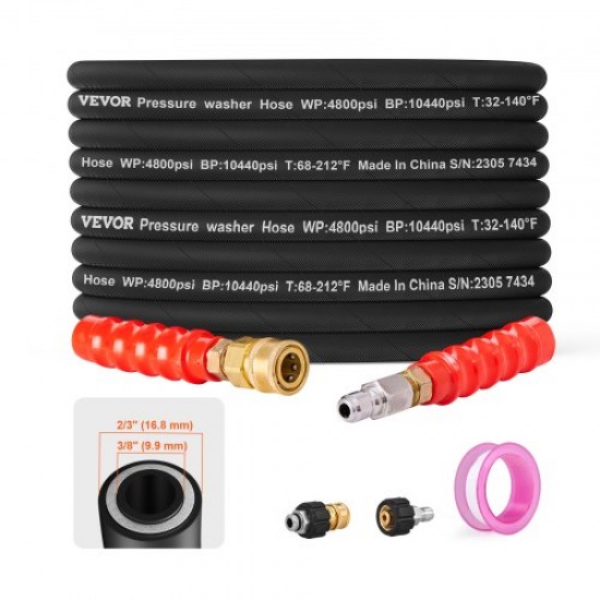 Buy Flexible Pressure Washer Hose 30.5m Pressure Washer Replacement Hose 9.9mm Connector, 3/8"-φ14.8 Male, 3/8"-φ15 Female, 124.5mm Bend Radius 4800 PSI for Extension