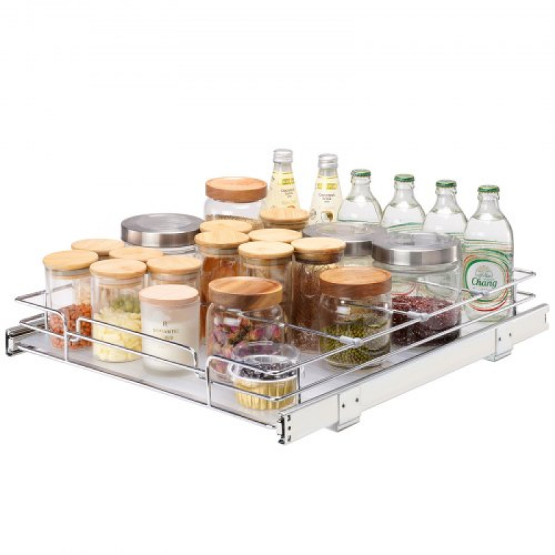 VEVOR Organizador Extraíble Debajo del Fregadero 355x533x63,5 mm Cesta Deslizante 1 Nivel de Acero Cromado Cajón Deslizante Carga de 13 kg Deslizamiento Suave para Organización del Baño Cocina