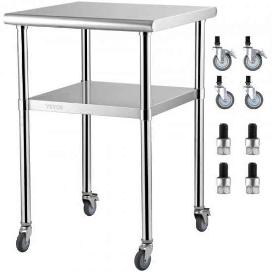 Comprar Mesa de Trabajo de Acero Inoxidable 61x61x91,4 cm Mesa de Preparación de 2 Niveles Carga de 272,4 kg Mesa de Cocina con 4 Ruedas Estante Ajustable en Altura para Cocina Restaurante Bar Garaje