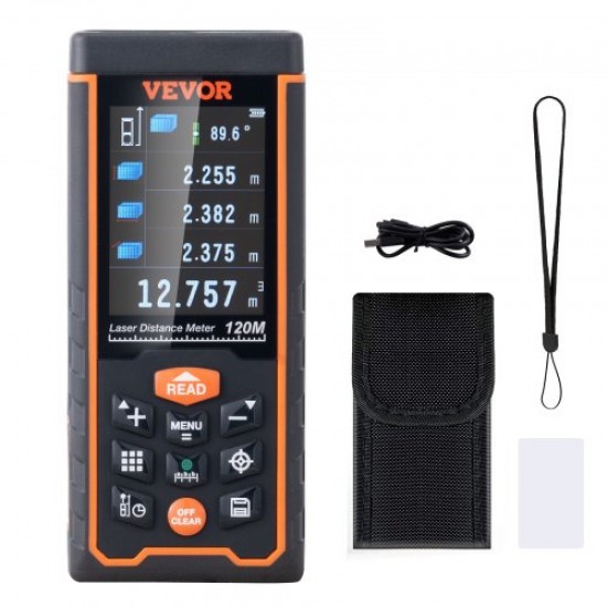 Koop Lasermeter 121 m Laserafstandsmeter Precisie 1,5 mm laserafstandsmeter met 100 groepsopslag, ft/m/in/ft+in met 2,4" LCD-kleurenscherm Meet afstand, oppervlakte en volume