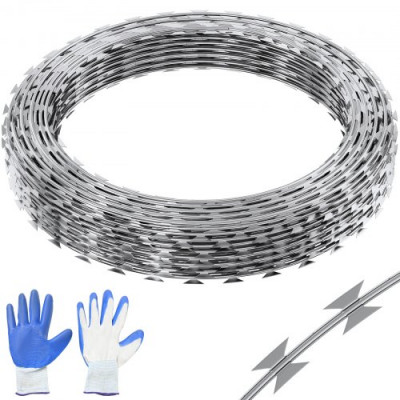 VEVOR Alambre de Espino 45 m 3 Rollos de Alambre de Espino Galvanizado en Caliente Malla de Alambre Protección Anti-Intrusión Cuchillas de Espino Afiladas con Guantes Protectores para Jardín, Balcón