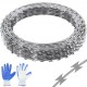 VEVOR Alambre de Espino 45 m 3 Rollos de Alambre de Espino Galvanizado en Caliente Malla de Alambre Protección Anti-Intrusión Cuchillas de Espino Afiladas con Guantes Protectores para Jardín, Balcón