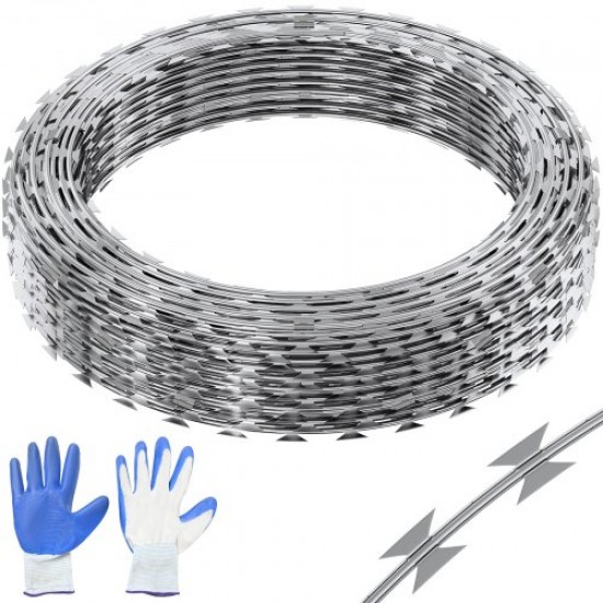 VEVOR Alambre de Espino 45m 3 Rollos Alambre de Espino Galvanizado en Caliente Malla de Alambre Anti-Intrusión Doble Espiral Cuchillas de Púas Afiladas con Guantes Protectores para Hogar Jardín Balcón