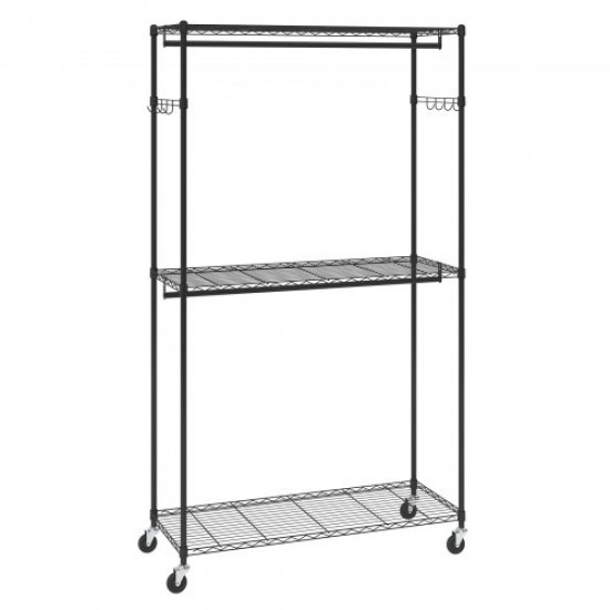 Comprar Perchero Burro para Ropa con 4 Ruedas de 2 Barras 3 Estantes 2 Soportes Laterales Perchero de Acero Carga de 182 kg Perchero de Pie  1162 x 450 x 2040 mm para Almacenaje de Ropas en Dormitorios