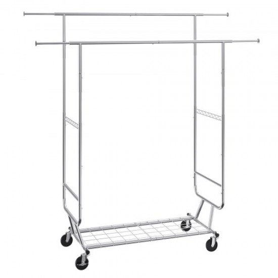 Comprar Cabideiro Burro com 4 Rodas, 1 Prateleira e 2 Barras, Comprimento Extensível de 128-191 cm, Altura de 144-187 cm, Cabide de Aço, Carga de 272 kg para Armazenamento de Roupas em Quartos