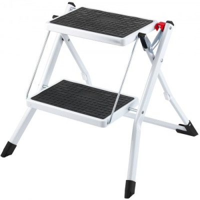 VEVOR Taburete Plegable con 2 Peldaños Carga de 150kg Escalera de Acero Taburete Ancho Multiusos con Superficie Antideslizante y Almohadillas para Adultos, Niños, Hogar, Cocina, Oficina, Autocaravanas