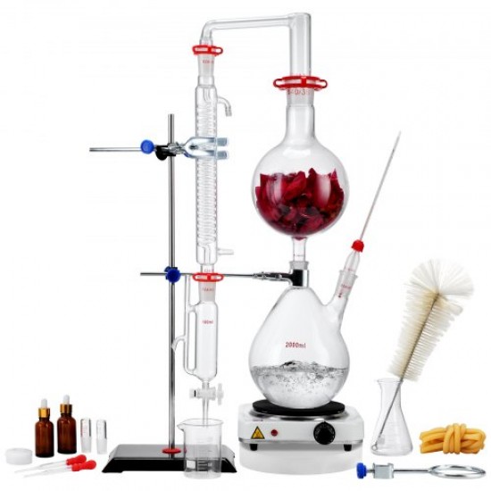 Comprar Kit de destilación de aceite esencial de 28 piezas, aparato de destilación de 2000 ml, kit de destilación de cristalería de laboratorio Boro 3.3 con placa calefactora de 1000 W