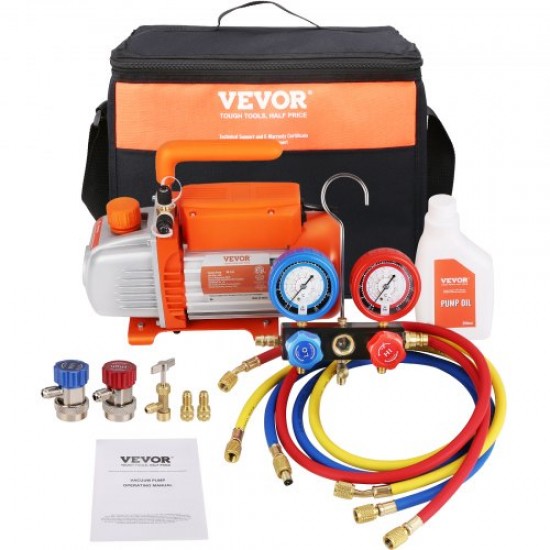 Comprar Bomba de Vacío Aire Acondicionado 128 L/min Bomba de Vacío HVAC 180 W con Kit Manómetros y Manguera de Goma Tricolor 1440 rpm Bolsa de Transporte para R134a Aire Acondicionado Frigorífico Coche