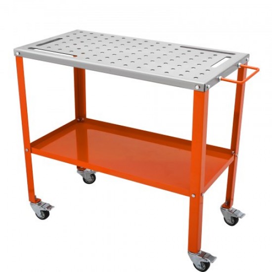 Comprar Mesa de soldagem de 36 "x 18", carga de 544 kg de aço em rodízios com freio, 2 níveis, 4 slots de ferramenta, furos de fixação de 1/4 "