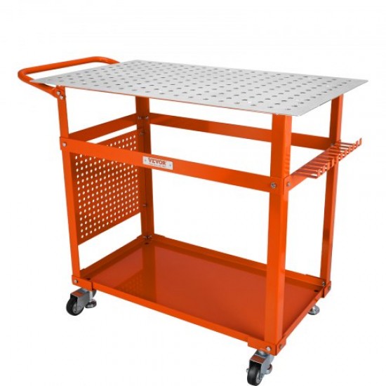 Buy 36" x 24" Welding Table Welding Workbench 600lb Load Steel on Wheels with Double Layer Storage Board, 1.6cm Accessory Holes, 11 Hooks