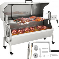Parilla de Barbacoa Exterior 40 W Acero Inoxidable Barbacoa Asador 60 kg, 147x45x87 cm Altura Ajustable 4,3"-12,2" Kit de Asador Universal Parrilla con Cubierta y Ruedas Bloqueables para Camping