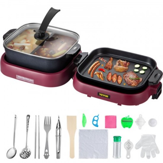 Koop 2 in 1 elektrische hotpotgrill 3,6 l elektrische barbecue met dubbele pan 1300 W (hot pot) + 800 W (grill) elektrische grill voor het bereiden van steaks, groenten 180-240 ℃