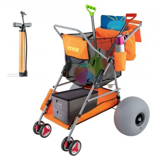 Comprar Carro de Playa con Ruedas de globo 30,5 cm Carro Plegable al Aire Libre 85 x 87 x 94 cm Carretilla Portátil de Transporte Carga de 160 kg con Bolsas de Almacenamiento Naranja para Jardín Playa