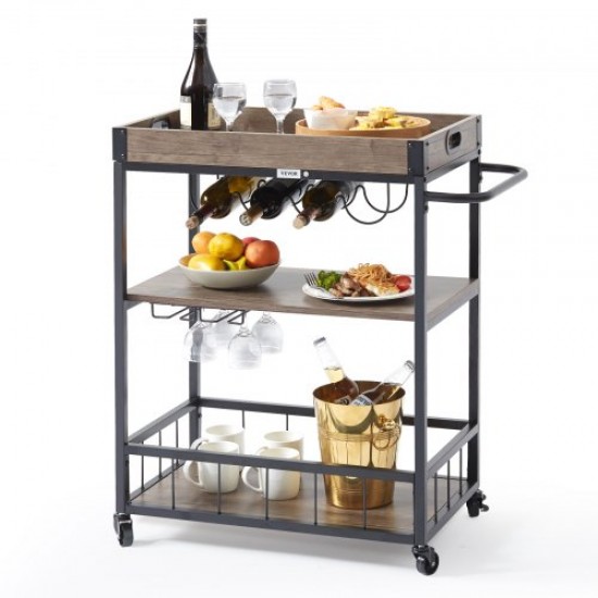 Comprar Carrito de bar, carrito de servir para el hogar, 3 niveles de 110 libras con ruedas con cerradura, carrito móvil de bebidas con alcohol con bandeja extraíble, soporte de vidrio para cocina, come