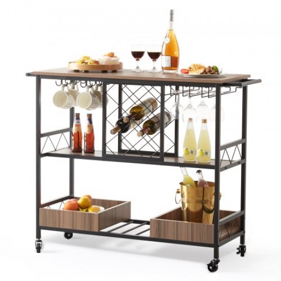 Comprar Carrito de Servicio de Bar de 3 niveles 117x40x91,5 cm Carrito para Cocina Multifuncional Carga de 136kg con Portabotellas Portavasos Bandeja Extraíble para Cocina Restaurante Oficina Almacenaje