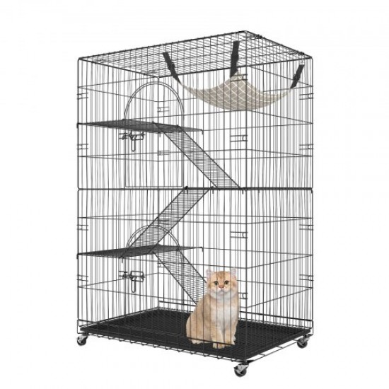 Koop Kattenkooi 4 niveaus 90x60x133 cm Grote kooi met afsluitbare wielen 360° draaibaar Afneembare ijzeren binnenbehuizing 3 ladders 1 hangmat voor 1-3 katten Kleine dieren Konijnen