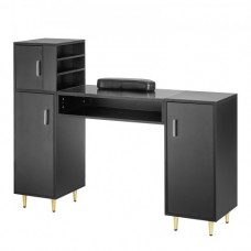 VEVOR Mesa de manicura, escritorio de uñas con tapa de cristal, estación de maquillaje con gabinetes de almacenamiento para spa salón estación de trabajo con reposamuñecas, 8 patas de metal, negro