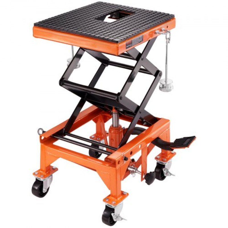 Plataforma Elevadora para Motocicletas 41,5 x 35 cm Elevador de Motos Hidráulicos de Tijera Capacidad de 200 kg Mesa Elevadora con 2 Ruedas Elevación de 340-905 mm para Taller Garaje, Naranja