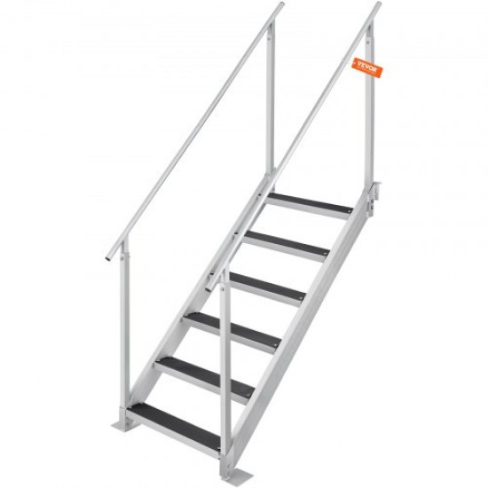 Comprar Escada de doca com altura ajustável 109-130 cm Escada de barco pontão 6 degraus Carga de liga de alumínio 226 kg com corrimão Tapete de borracha antiderrapante para piscina de barco de embarque