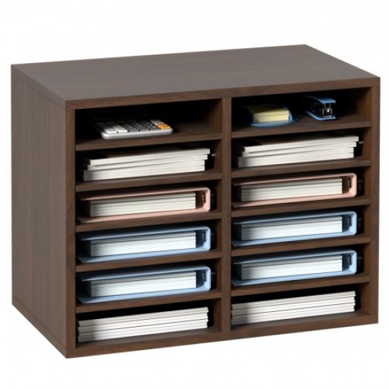 Koop Houten lectuurorganizer spaanplaat 12 compartimenten documentopbergrek 52x30,5x41 cm lectuursorteerder met verstelbare planken voor kantoor, bruin