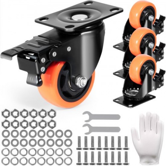 Kaufen Sie Set mit 4 Lenkrollen für industrielle Möbel, geräuschlose 76,2-mm-PVC-Rollen mit A/B-Feststellbremse, 113 kg Tragfähigkeit pro Rad für Werkbankwagen