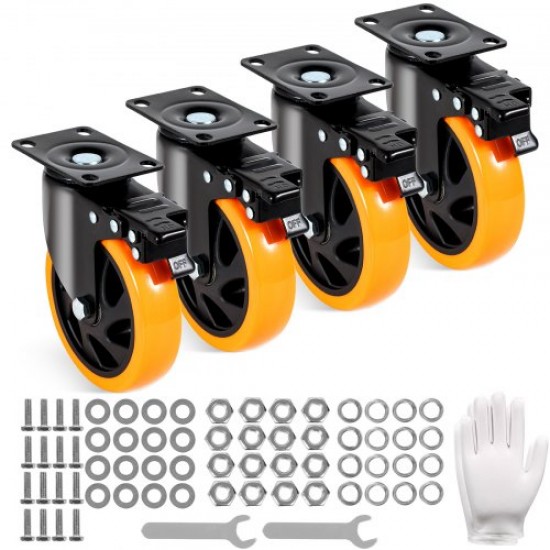 Buy Set of 4 Industrial Furniture Caster Wheels, 127mm PVC Silent Casters with A/B Locking Brake, 204kg Load Capacity Per Wheel for Workbench Carts