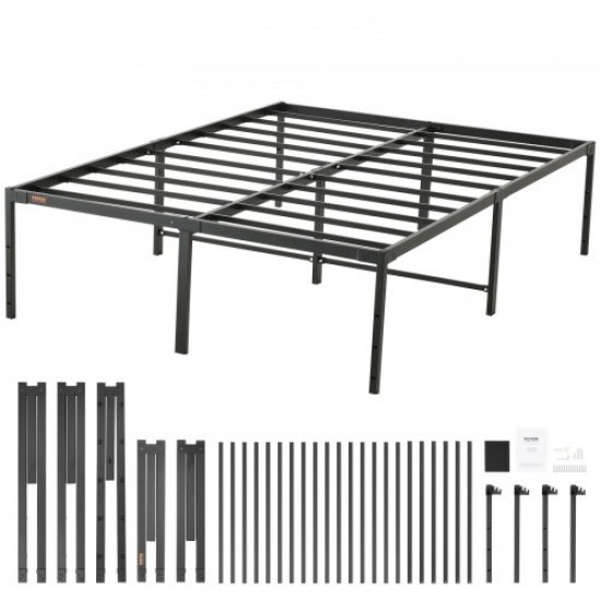 Buy Double Bed Frame 195.5x142x46 cm Solid Metal Structure Load 680 kg Metal Bed Storage Space Under Bed Silent Gliding Easy Assembly for Home, Black