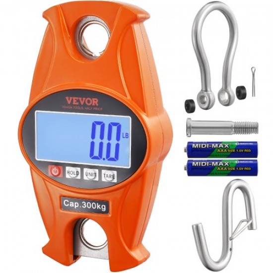 VEVOR Báscula Colgante Industrial 300 kg Báscula de Grúa Digital Carcasa de Aluminio Fundido Pantalla LCD Mini Báscula de Gancho Alta Precisión para Granja, Caza, Pesca, Garaje al Aire Libre, Naranja