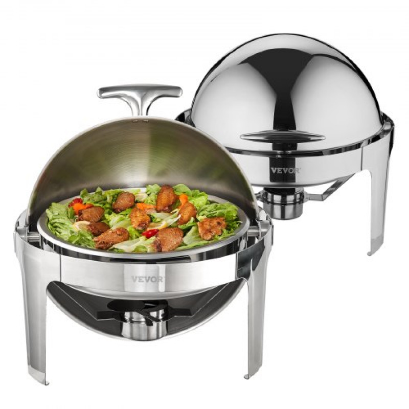 VEVOR Juego de 2 Calientaplatos Redondos de 5,5 L Cada Uno Calentador de Acero Inoxidable para Buffet Recipiente para Mantener Comida Caliente Tapa Enrollable para Autoservicio Buffet Hostelería