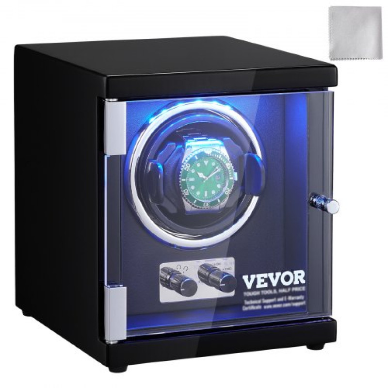 VEVOR Enrollador Automático de Relojes 1 Caja de Reloj para Relojes Automáticos con Motor Mabuchi Japonés Silencioso 5 Modos de Cuerda en Panel de Alta Densidad y LED Azul Acrílico Uso Doméstico