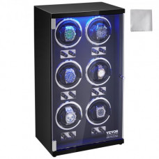 VEVOR Caja enrolladora automática para relojes con capacidad para 6 relojes automáticos con 6 motores silenciosos japoneses Mabuchi 5 modos de cuerda en panel de alta densidad y LED acrílico azul
