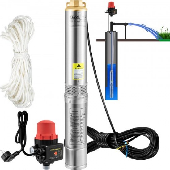 Bomba de Pozo Profundo Motor de 750 W Bomba Sumergible para Pozo 230V 50Hz Bomba de Agua Sumergible para Pozos Flujo Máximo de 105 L/min con Interruptor Automático para Tierras de Cultivo Minas