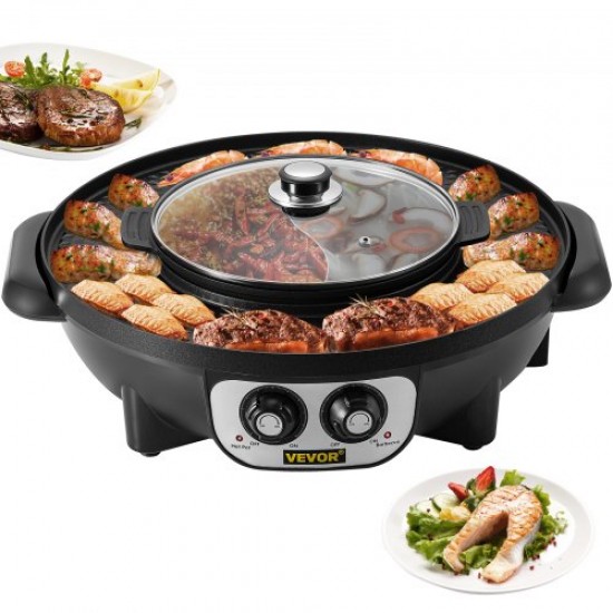 Koop in 1 elektrische hotpotgrill 3 liter elektrische barbecuegrill met dubbele pan 1200 W (hot pot) +1000 W (grill) Elektrische grill voor het bereiden van steaks, groenten 0-240 ℃