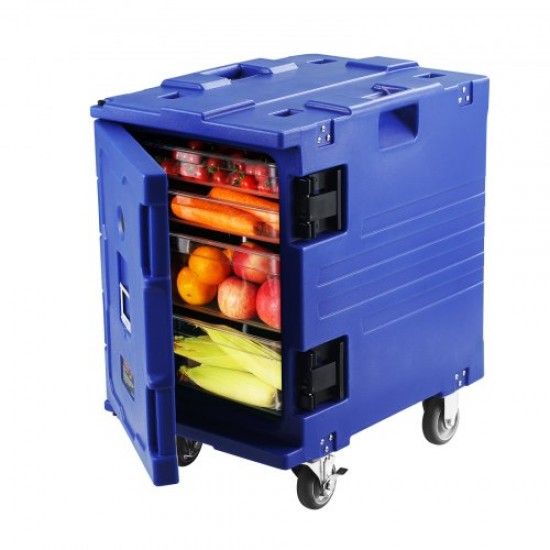 Comprar Caja aislante para catering con carga frontal y ruedas, 82 cuartos, color azul