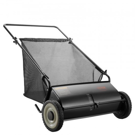 Koop Grasveger 198L Handmatige grasmaaier met opvangzak Veegbreedte 66 cm Roterende borstel Verstelbare hoogte Wielen 25,4 cm voor gazon Tuinbladeren Droog vuil 142x81x75cm