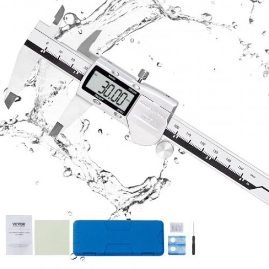 Comprar Calibrador Digital 6"/150mm Calibre Electrónico de Acero Inoxidable ABS Conversión pulg./mm Función de Ajuste Cero Pantalla LCD 4 Modos de Medición IP54 Resistente al Agua para Medición Precisa