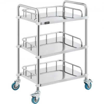 Carrito de Servicio de 3 Niveles con 4 Ruedas, Carrito de Almacenamiento de Acero Inoxidable, Carrito de Equipo de Laboratorio, Carro Grande Auxiliar Multiuso de 3 estantes