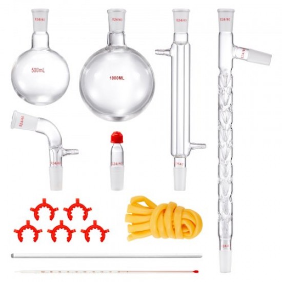 Comprar Kit de destilación de laboratorio, kit de destilación de vidrio de laboratorio 3.3 Boro con 24 y 40 compuestos, juego de equipos de destilación de aceites esenciales de 1000 ml, 14 piezas