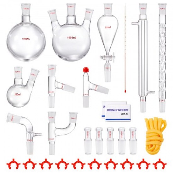 Comprar Kit de destilación de laboratorio, kit de destilación de vidrio de laboratorio Boro 3.3 con 24 y 40 compuestos, juego de equipos de destilación de aceites esenciales de 1000 ml, 29 piezas