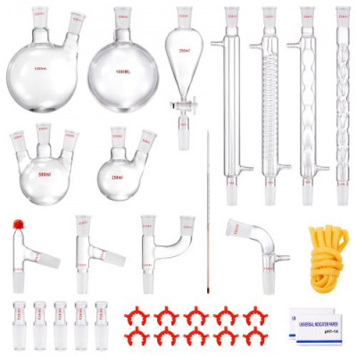 VEVOR Kit de destilación de laboratorio, kit de destilación de vidrio de laboratorio 3.3 Boro con 24 y 40 compuestos, juego de equipos de destilación de aceites esenciales de 1000 ml, 32 piezas